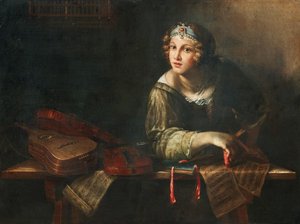 Allegorisk framställning med musikinstrument och noter, 1600-talets andra hälft.. av Girolamo Scaglia