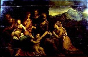 Mystic Marriage of St. Catherine (olja på panel) av Girolamo da (circle of) Carpi