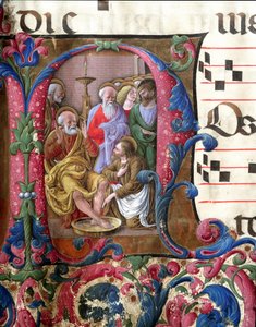 Dekorerat brev föreställande Kristus som tvättar fötterna, miniatyr av Girolamo da Cremona (aktiv omkring 1451-1483) och Liberale da Verona (1445-1529) från en kör (Cod. 22/7. c.37) från katedralen i Siena. 1400-talets katedral (Duomo) i Siena, Italien