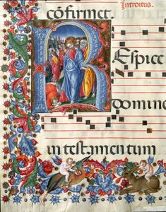 Decoree-lettere, der forestiller Kristus og spedalske miniature af Girolamo da Cremona (aktiv omkring 1451-1483) og Liberale da Verona (1445-1529) fra et kor (Cod. 19/4. c.26.) fra katedralen i Siena. Cathedrale (Duomo) i Siena fra det 15. århundrede, Ital