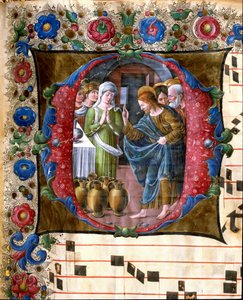Decoree-brev som representerar bröllopet av Cana Miniature av Girolamo da Cremona (aktivt omkring 1451-1483) och Liberale da Verona (1445-1529) från en kör (Cod. 19/4. c.19v.) från katedralen i Siena. 1400-talets katedral (Duomo) i Siena, Italien