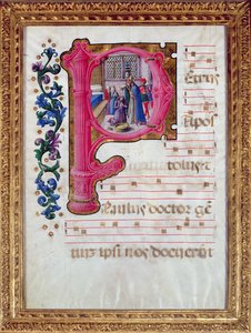 Historikert initial "P" som visar Konstantins dop (ca 274-337) från en lombardisk antifonär