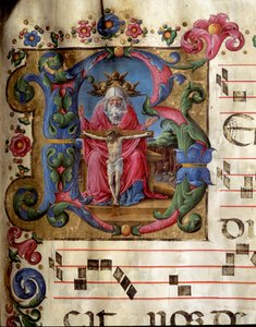 Lettrin B dekorerad som representerar den heliga treenigheten (nådens tron) Gud, Jesus Kristus och den helige Andes duva (den helige Ande). Miniatyr av Girolamo da Cremona (aktiv omkring 1451-1483) från en kör (Cod. 10/L. c.81v) från katedralen i Siena. 15
