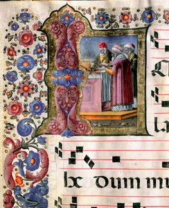 Miniatyrofferscen av Girolamo da Cremona (aktiv omkring 1451-1483) från en kör (Cod. 10/L. c.114v.) från katedralen i Siena. 1400-talets katedral (Duomo) i Siena, Italien