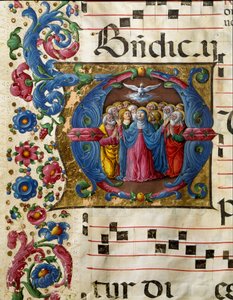 Den Helige Andes duva (Helige Ande) visar sig för Jungfru Maria och apotersna. Miniatyr av Girolamo da Cremona (aktiv omkring 1451-1483) från en kör (Cod. 10/L. c.32v) från katedralen i Siena. 1400-talets katedral (Duomo) i Siena, Italien
