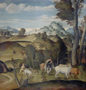 Den unga Merkurius stjäl boskap från Apollons flock av Girolamo da Santacroce (ca.1480 1556) (attributed to)