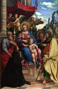 Madonnan med barnet och änglar, helgon och en givare av Girolamo da Treviso the Younger