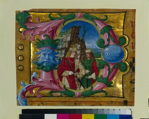 Historikerad initial D Utskuren ur en körbok: Två martyrhelgon, ca. 1500-1510.