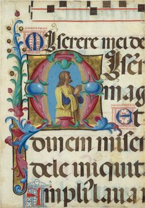 Manuskriptbelysning med David i bön i ett initialt M, från en psalter, 1501-2.