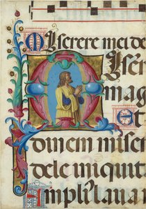Manuskriptbelysning med David i bön i ett initialt M, från en psalter, italienska, 1501-2. av Girolamo dai Libri