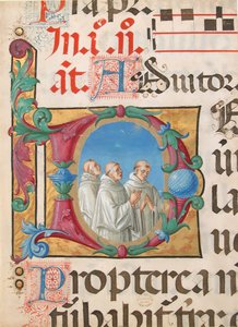 Manuskriptbelysning med sjungande munkar i ett initialt D, från en psalter, italienska, 1501-2.