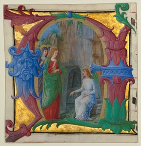 Manuskriptbelysning med de heliga kvinnorna vid graven i en initial A..., ca. 1490-1500.