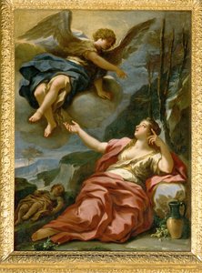 Ängeln uppenbarar sig för Hagar i öknen (målning på duk) av Giulia Lama