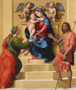 Madonna och barn på tronen med de heliga Maria Magdalena och Johannes Döparen, ca. 1523. av Giuliano Bugiardini