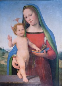 Madonna och barn i ett landskap av Giuliano Bugiardini