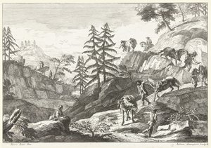 Bergslandskap med ryttare som leder hästar nedför på en stig Italienska landskap (serietitel) av Giuliano Giampiccoli