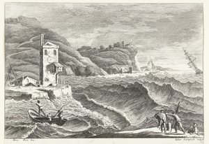 Kustlandskap med storm till havs och eldfyr Italienska landskap (serietitel) av Giuliano Giampiccoli