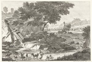 Landskap med herdar och boskap vid vattenfallet Italienska landskap (serietitel) av Giuliano Giampiccoli