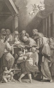 Kristi omskärelse, en grupp män, kvinnor och änglar som omger honom, den..., ca. 1760-1800.