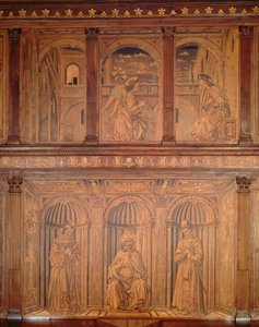Skåp efter restaurering i norra sakristian (Sacrestia delle Messe) föreställande bebådelsen och en biskop på tronen (inlagt trä) (se 143298) av Giuliano da Maiano