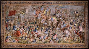 flamländsk gobeläng. Serien The Acts of Scipio: Slaget vid Zama. Serietecknaren Giulio Romano. Atelier av Balthasar van Vlierden (?), Bryssel. 1523-1532. av Giulio (after) Romano