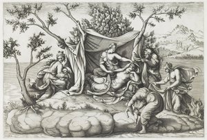 Latona föder Apollo och Diana, graverad av Diana Mantovana (f.1535), efter 1575 (gravyr) av Giulio (after) Romano