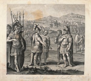 Möte mellan Hannibal och Scipio under de puniska krigen (etsning) av Giulio (after) Romano