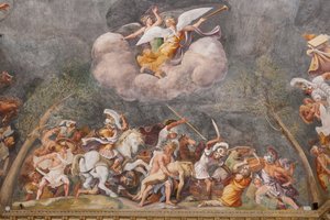 Ajax skyddar Patroklos lik under slaget vid Troja, The Trojan Horse, Chamber of Troy (Sala di Troia)