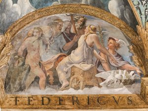 Detalj av valvet: lunette som representerar Venus som får Merkurius tillgänglighet från Zeus, Chamber of Cupid and Psyche (Sala di Amore e Psiche)
