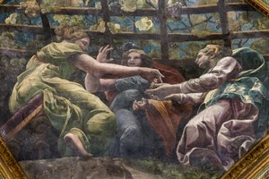 Detalj av valvet med unga kvinnor och vindruvor, Chamber of Cupid and Psyche (Sala di Amore e Psiche) av Giulio (and workshop) Romano