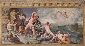 Laocoon och hans söner attackeras av ormar, Den trojanska hästen, Trojas kammare (Sala di Troia)