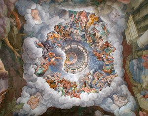 Zeus omgiven av andra Olympus gudar som kastar blixtar mot jättarna och förstör dem, valv och södra och västra väggarna, jättarnas kammare (Sala dei Giganti)