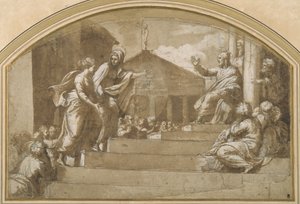 Martha tar med Maria Magdalena till Kristus (penna och bläck på papper) av Giulio (attr. to) Romano