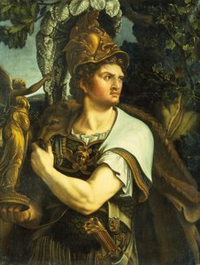Porträtt av Alexander den store som håller i en förgylld segerstaty (olja på duk) av Giulio (circle of) Romano