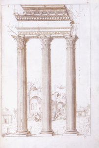 Kolumnerna i templet Castor och Pollux, med fredens tempel i bakgrunden, ca 1550 (en originalteckning i svart krita, penna och brunt bläck) av Giulio (circle of) Romano