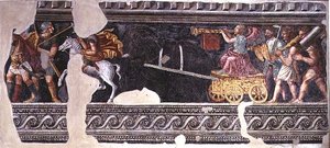 Fragment av en scen av en triumf (fresk) av Giulio (school of) Romano