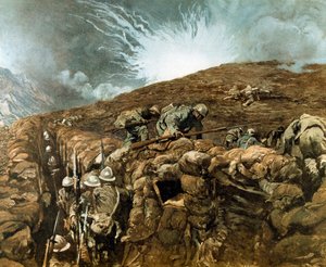 WWI: skyttegravar nära Gorizia, italiensk kampanj runt floden Isonzo, september 1917 (målning)