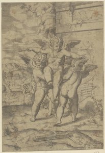 Amor och tre putti av Giulio Bonasone (attributed to)
