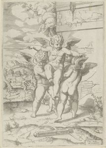 Amor och tre putti av Giulio Bonasone (attributed to)