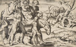 En berusad Silenus som rider på en åsna som stöds av satyrer, 1531-76.
