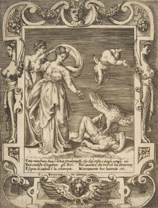 En gam som äter Titius inälvor, Amor ovanför två kvinnor till vänster, satt inom en..., 1531-76. av Giulio Bonasone