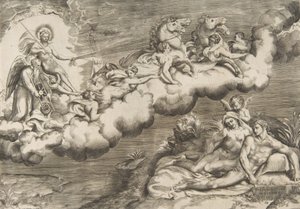 En allegori över den uppgående solen, en naken man som bär en hölje och åtföljd Fader Tid..., 1531-76. av Giulio Bonasone