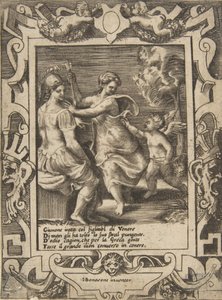 Athena satt nära Juno som har tagit bort Amors pilar, satt inom en utarbetad ram..., 1531-76. av Giulio Bonasone