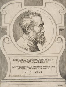 Bystporträtt av Michelangelo vänd åt höger, placerad i en kartusch., 1546. av Giulio Bonasone