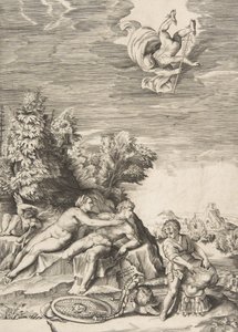 Calypso försöker fånga Ulysses när ett barn förbereder sin rustning till höger och Mercury fa..., 1531-76. av Giulio Bonasone
