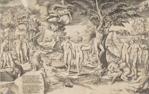 Amor i Elysian Fields bunden till ett träd i mitten, omgav mina många figurer, 1563. av Giulio Bonasone