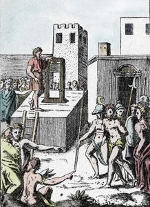 Dödsstraff: verkställandet av en dödsdom med förfadern till giljotinen (maskin en dekollation) i Italien kallad Mannaia och designad av Achille Bocchi, 1555”” Gravyr av Giulio Buonasone (Bonasone) (1498-1574) (Representation av Manna