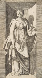 Diana håller frukt i sin vänstra hand stående inom en nisch, ca. 1531-76. av Giulio Bonasone
