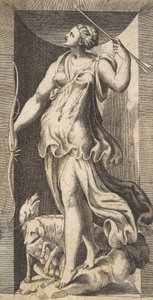 Jägaren Diana tillsammans med sina hundar som står i en nisch, 1500-talet., 1500-talet.