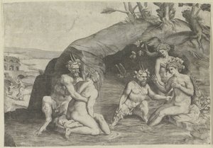 Tre nymfer och två satyrer som badar av Giulio Bonasone